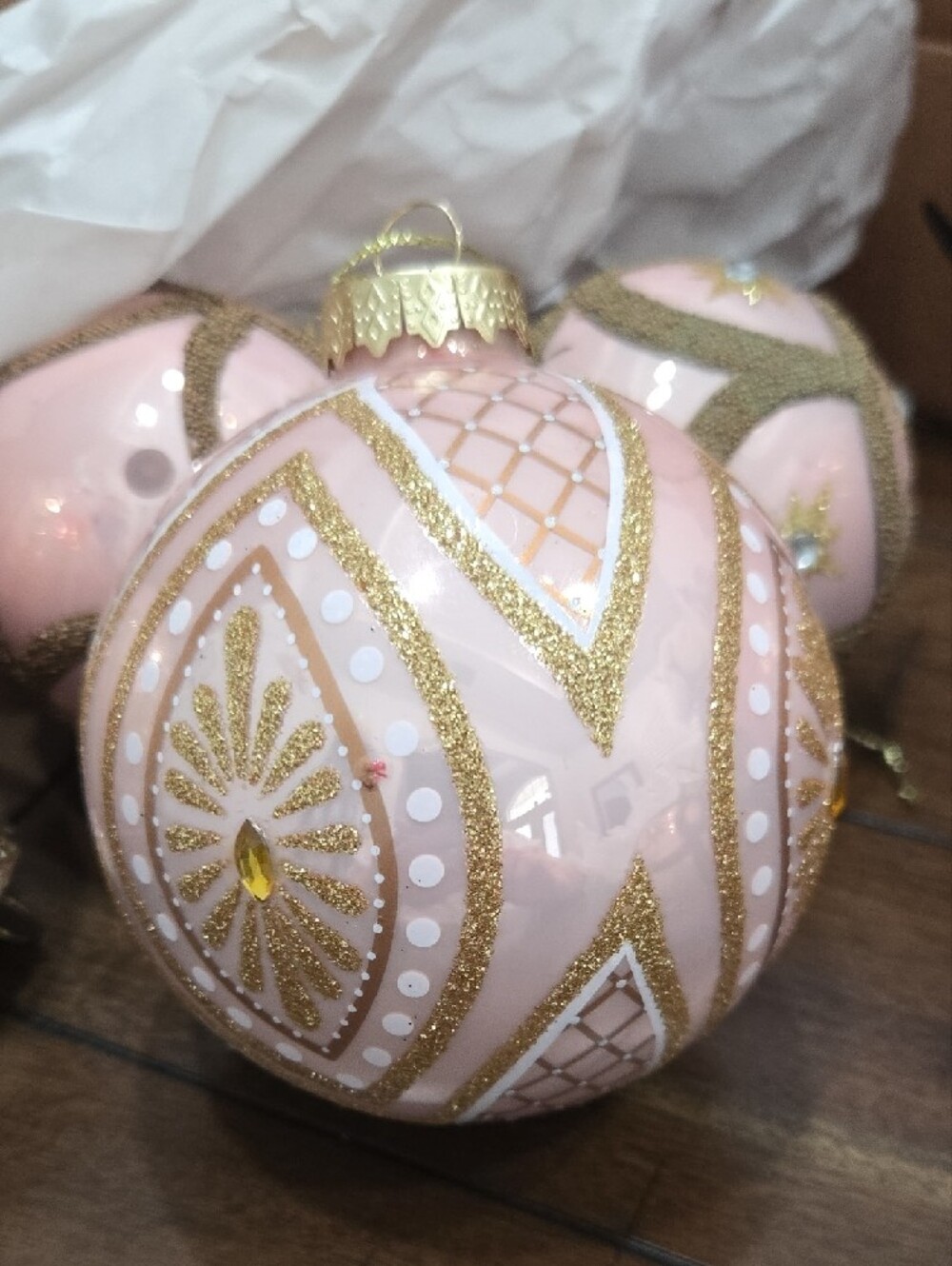 Cracker Barrel Pink & Gold Glass Holiday Ornament Set -